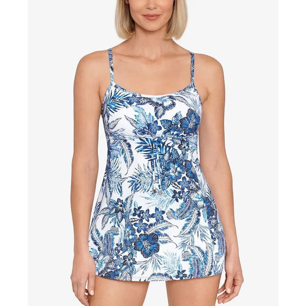 Swim Solutions Blue Blooms Printed Empire Waist Swimdress Modest NWT Size 8 - Picture 1 of 13